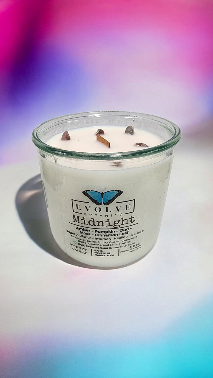 Evolve Botanica Rocks Candle - Midnight (Wood Wick, Super Seven Gemstone Soy Candle)