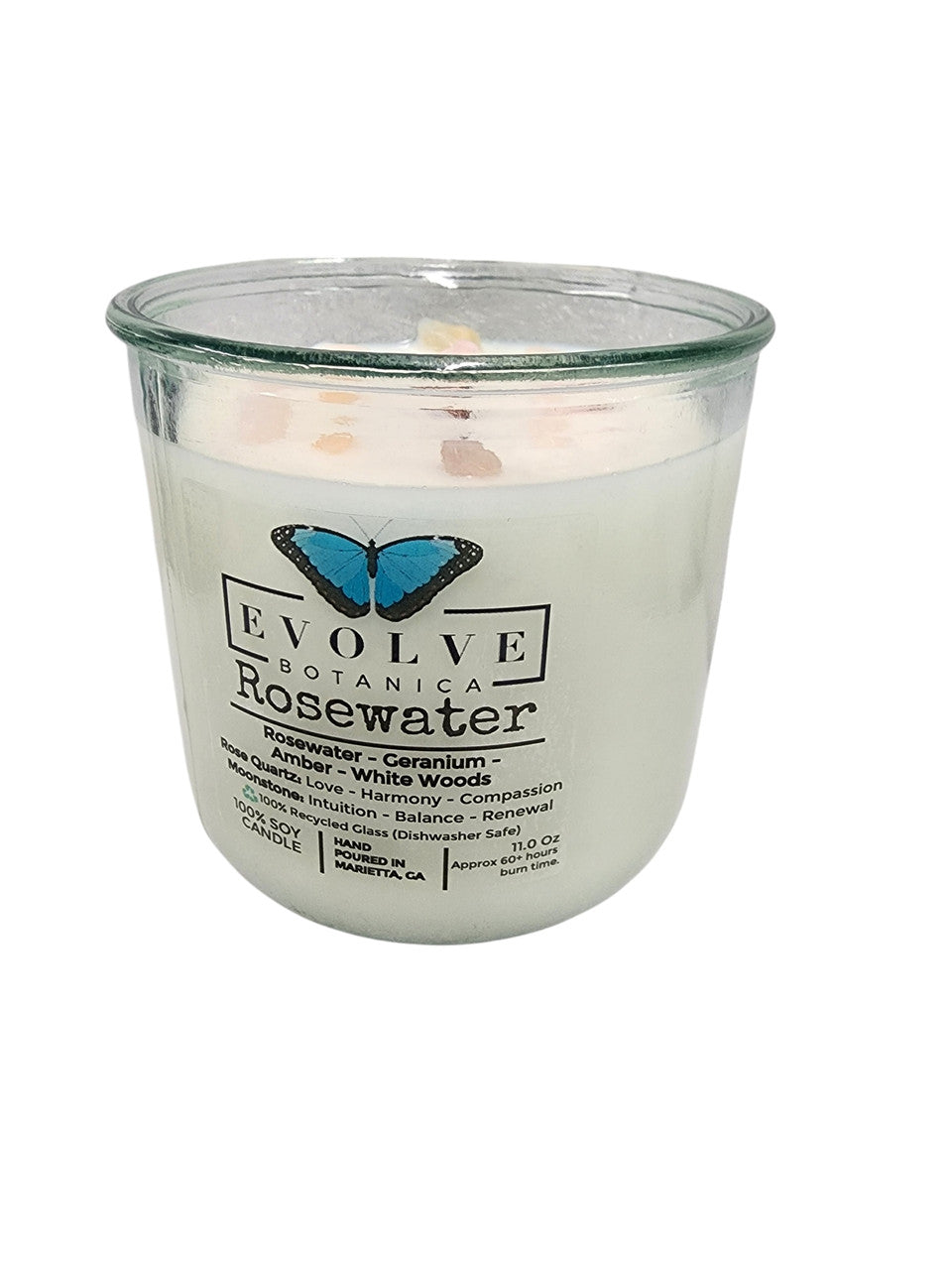 Evolve Botanica Rocks Candle - Rosewater (Wood Wick, Rose Quartz (Love, Harmony), Moonstone (Intuition, Growth), Soy Candle)