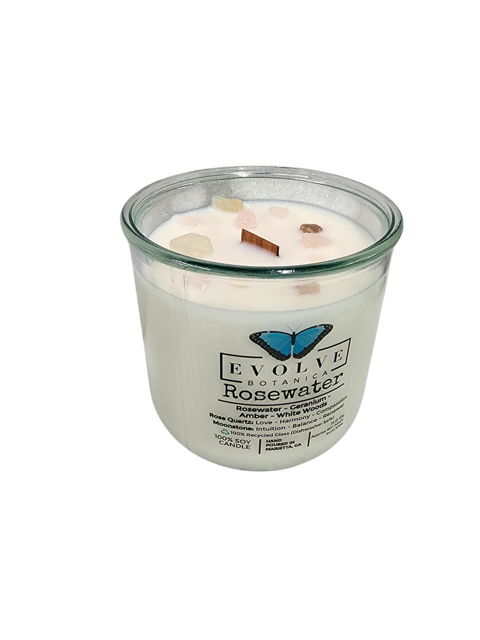 Evolve Botanica Rocks Candle - Rosewater (Wood Wick, Rose Quartz (Love, Harmony), Moonstone (Intuition, Growth), Soy Candle)