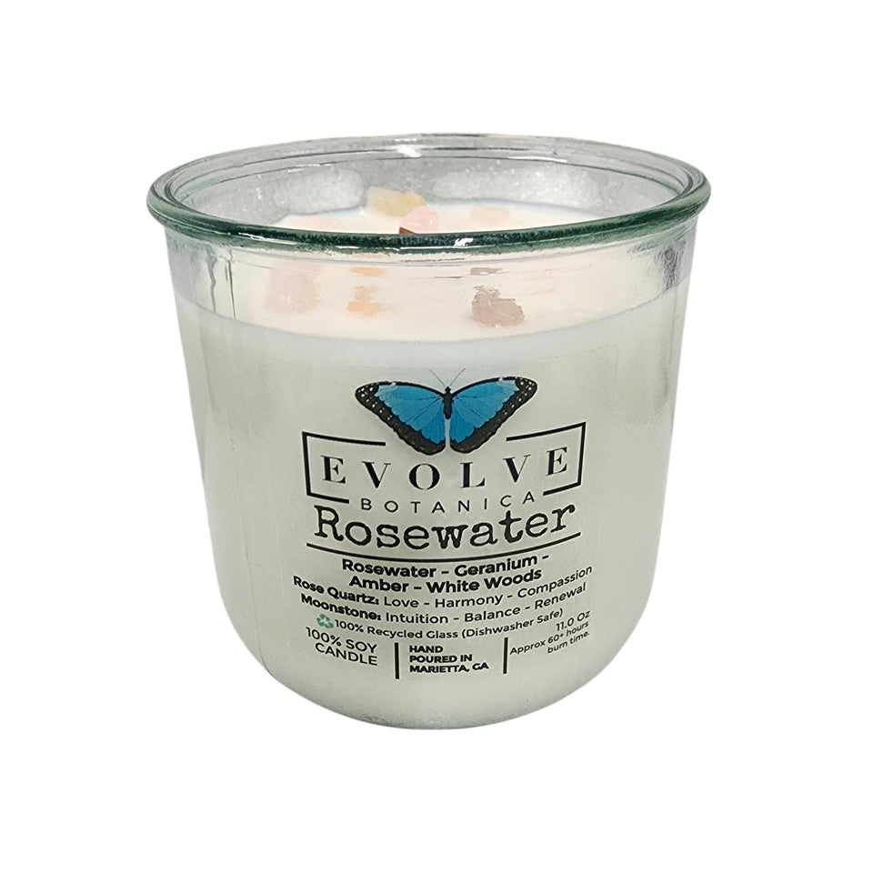 Evolve Botanica Rocks Candle - Rosewater (Wood Wick, Rose Quartz (Love, Harmony), Moonstone (Intuition, Growth), Soy Candle)