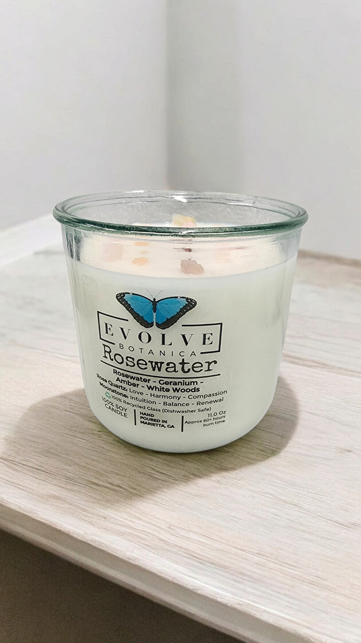 Evolve Botanica Rocks Candle - Rosewater (Wood Wick, Rose Quartz (Love, Harmony), Moonstone (Intuition, Growth), Soy Candle)