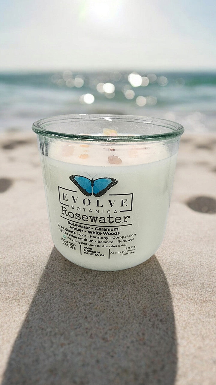 Evolve Botanica Rocks Candle - Rosewater (Wood Wick, Rose Quartz (Love, Harmony), Moonstone (Intuition, Growth), Soy Candle)