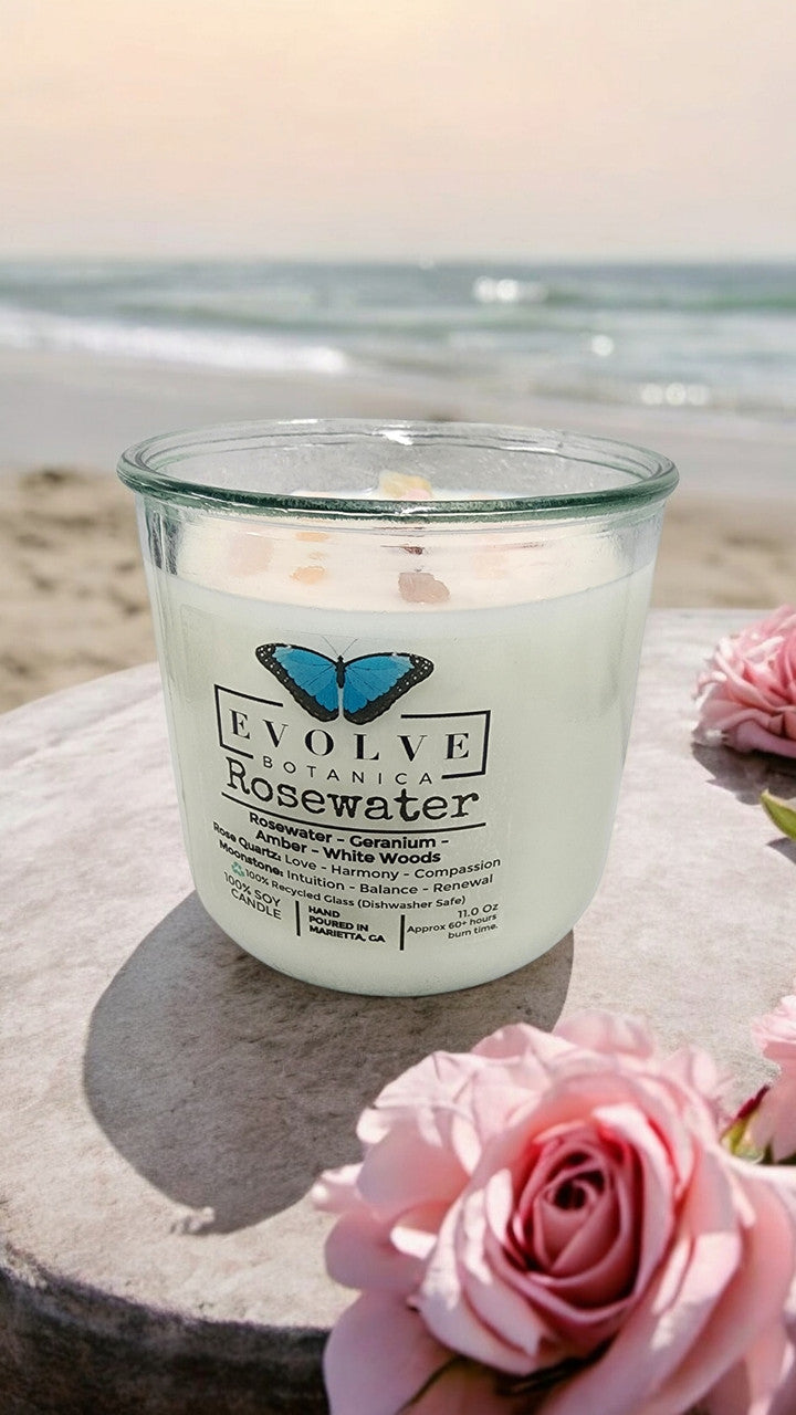 Evolve Botanica Rocks Candle - Rosewater (Wood Wick, Rose Quartz (Love, Harmony), Moonstone (Intuition, Growth), Soy Candle)