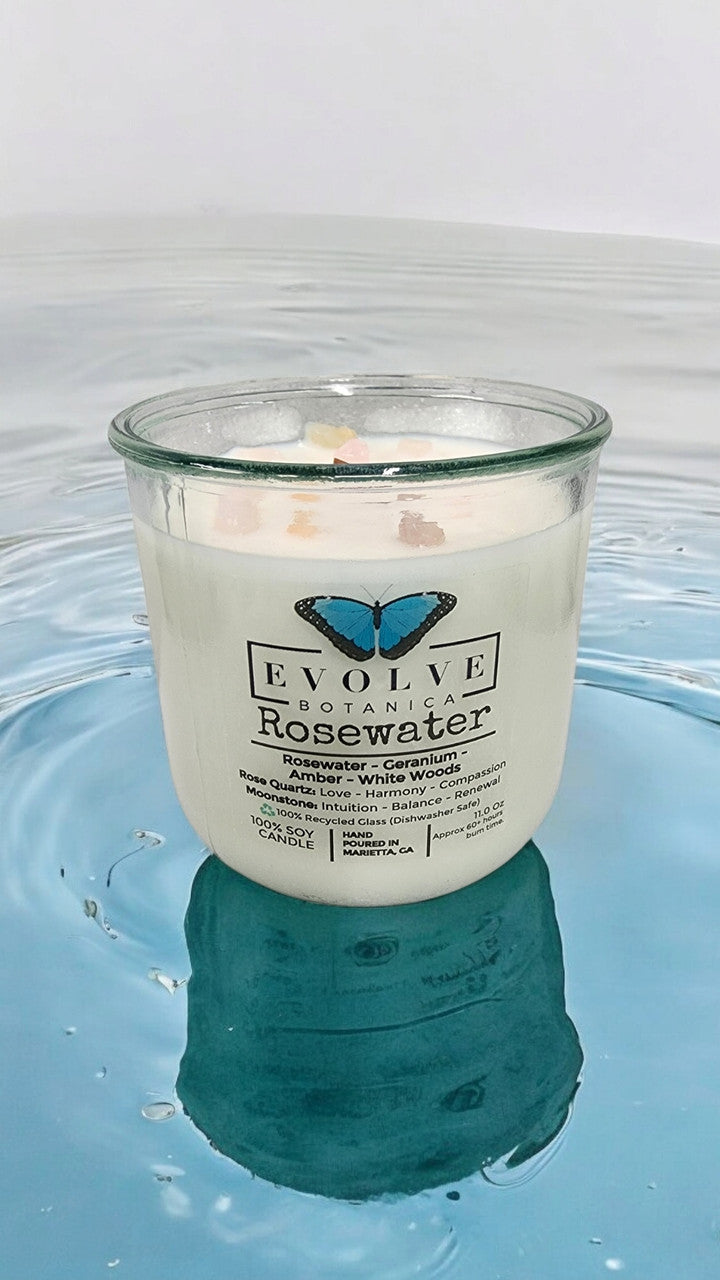 Evolve Botanica Rocks Candle - Rosewater (Wood Wick, Rose Quartz (Love, Harmony), Moonstone (Intuition, Growth), Soy Candle)