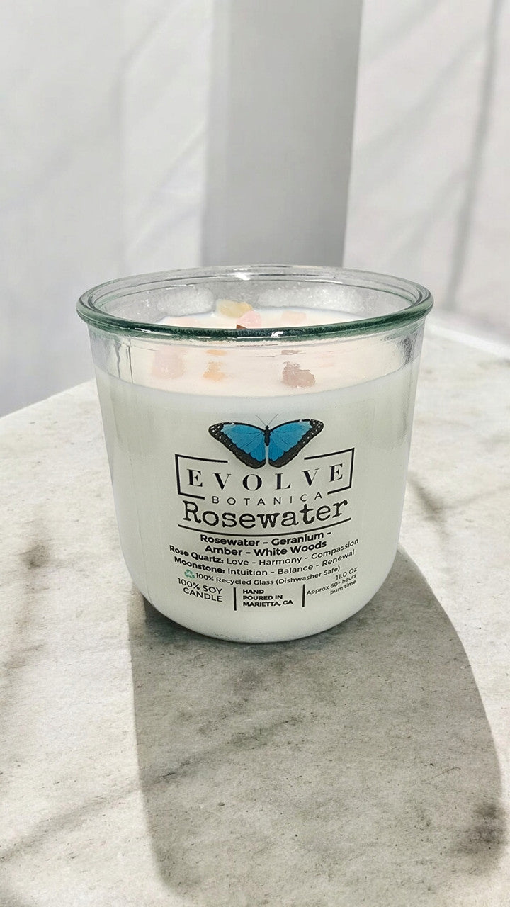 Evolve Botanica Rocks Candle - Rosewater (Wood Wick, Rose Quartz (Love, Harmony), Moonstone (Intuition, Growth), Soy Candle)
