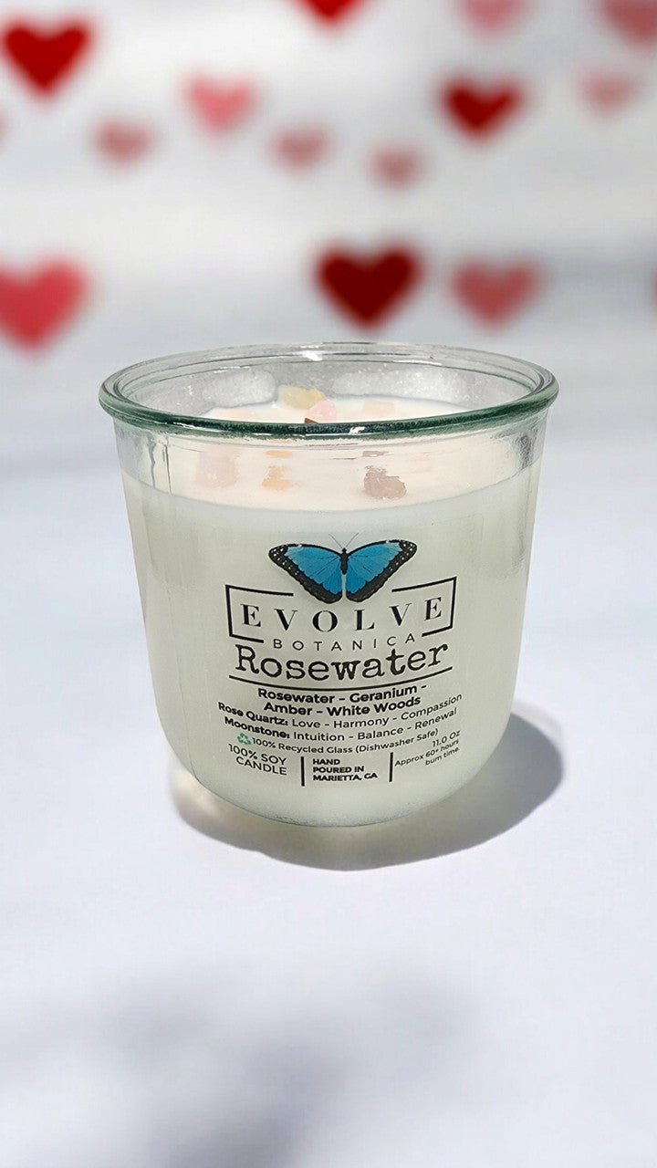 Evolve Botanica Rocks Candle - Rosewater (Wood Wick, Rose Quartz (Love, Harmony), Moonstone (Intuition, Growth), Soy Candle)