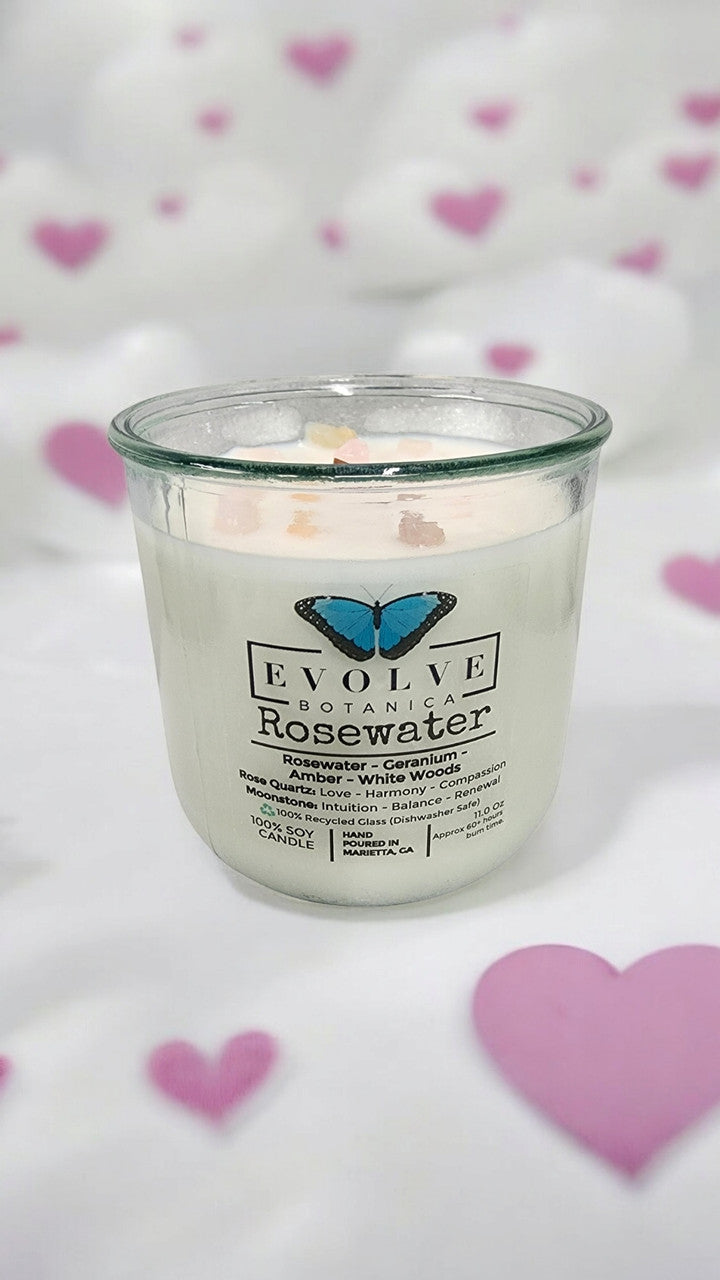 Evolve Botanica Rocks Candle - Rosewater (Wood Wick, Rose Quartz (Love, Harmony), Moonstone (Intuition, Growth), Soy Candle)