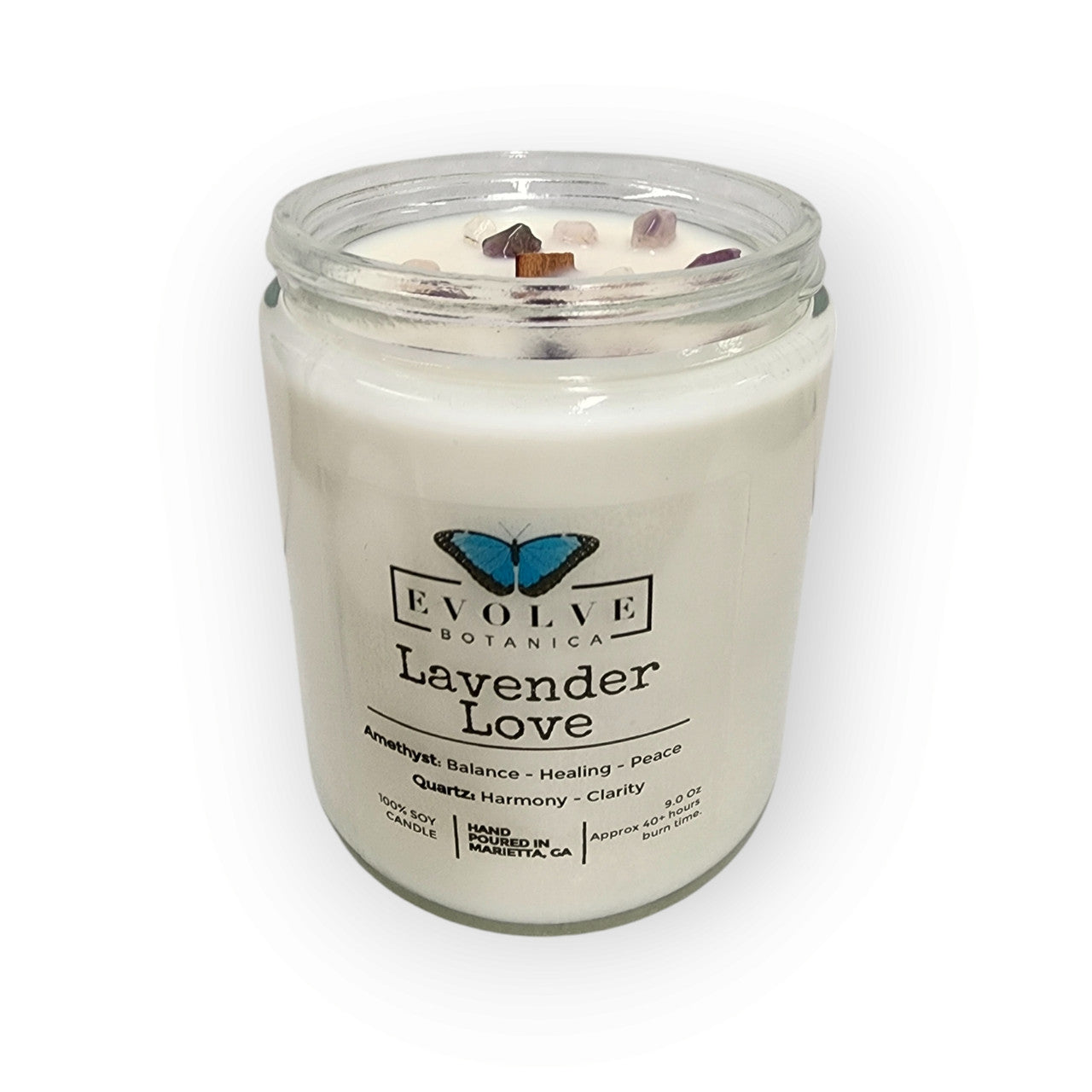 Classic 9oz Jam Jar Crystal Soy Candle - Lavender Love (Amethyst & Quartz)