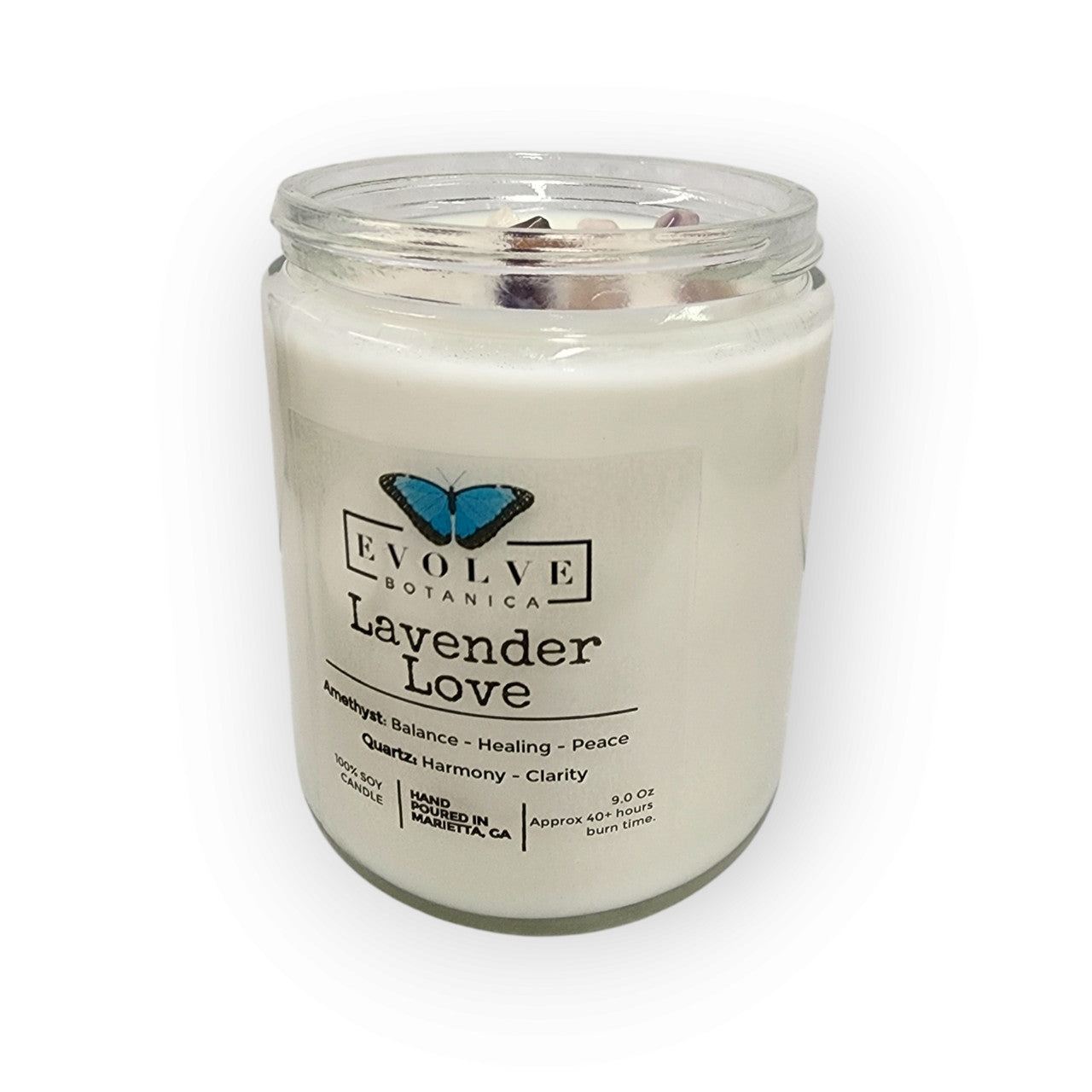 Classic 9oz Jam Jar Crystal Soy Candle - Lavender Love (Amethyst & Quartz)