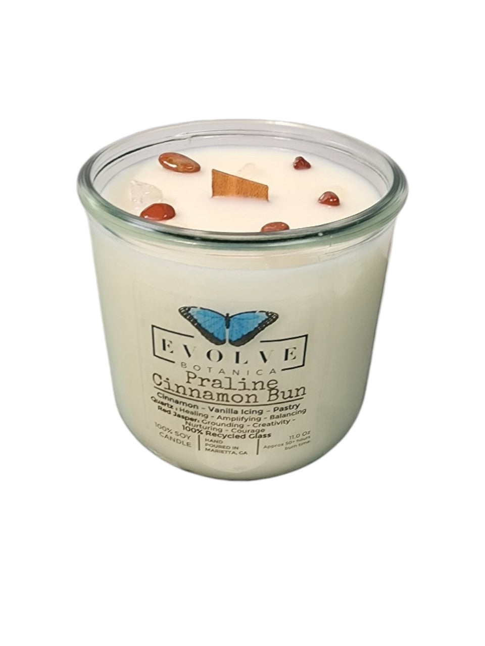 Evolve Botanica Rocks Candle - Rocks Candle - Praline Cinnamon Bun (Wood Wick Red Jasper & Clear Quartz Gemstone Soy Candle)
