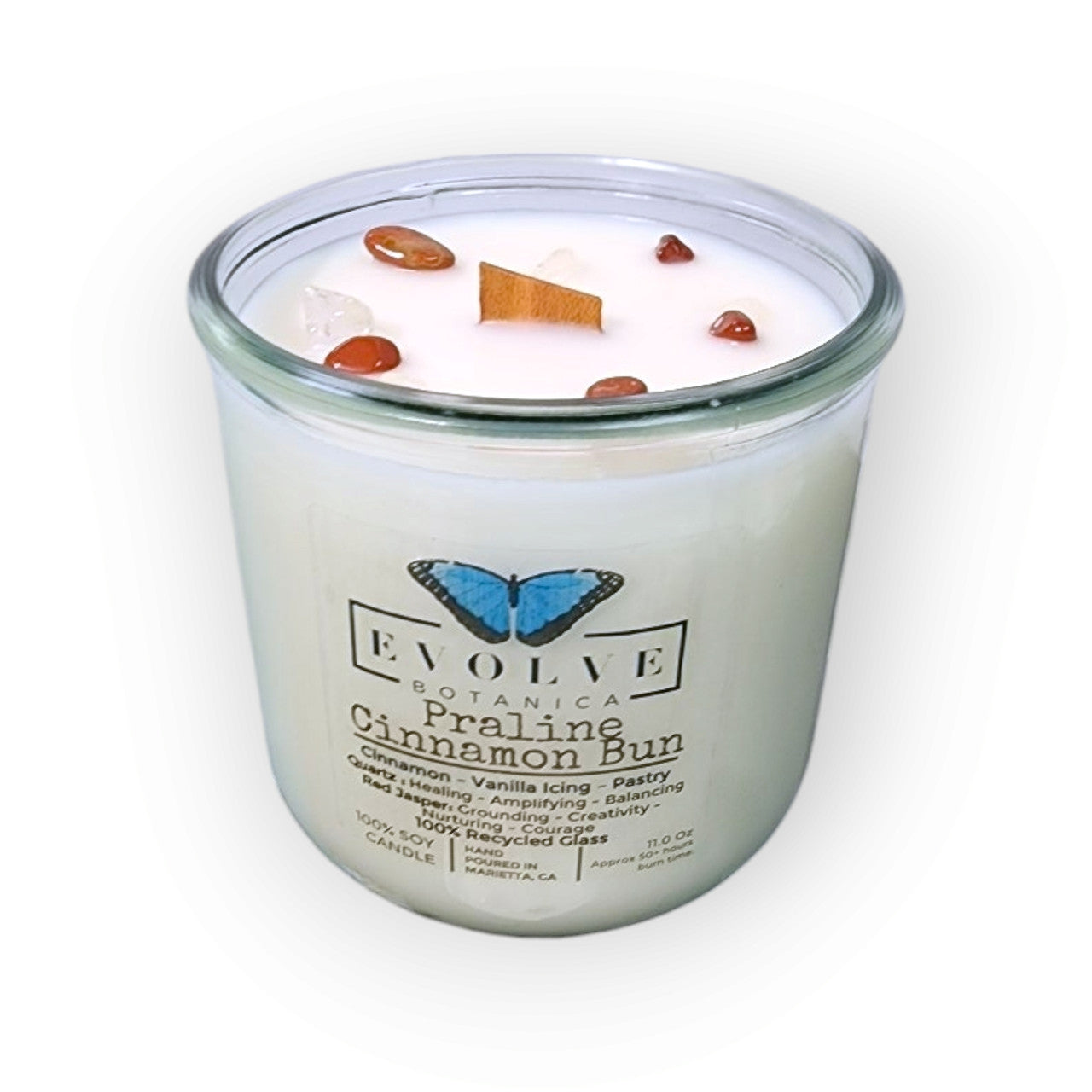 Evolve Botanica Rocks Candle - Rocks Candle - Praline Cinnamon Bun (Wood Wick Red Jasper & Clear Quartz Gemstone Soy Candle)