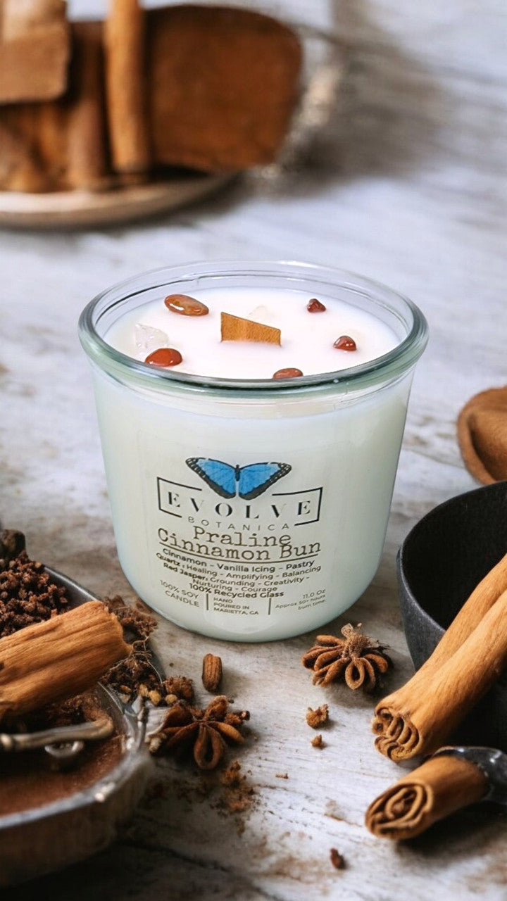 Evolve Botanica Rocks Candle - Rocks Candle - Praline Cinnamon Bun (Wood Wick Red Jasper & Clear Quartz Gemstone Soy Candle)
