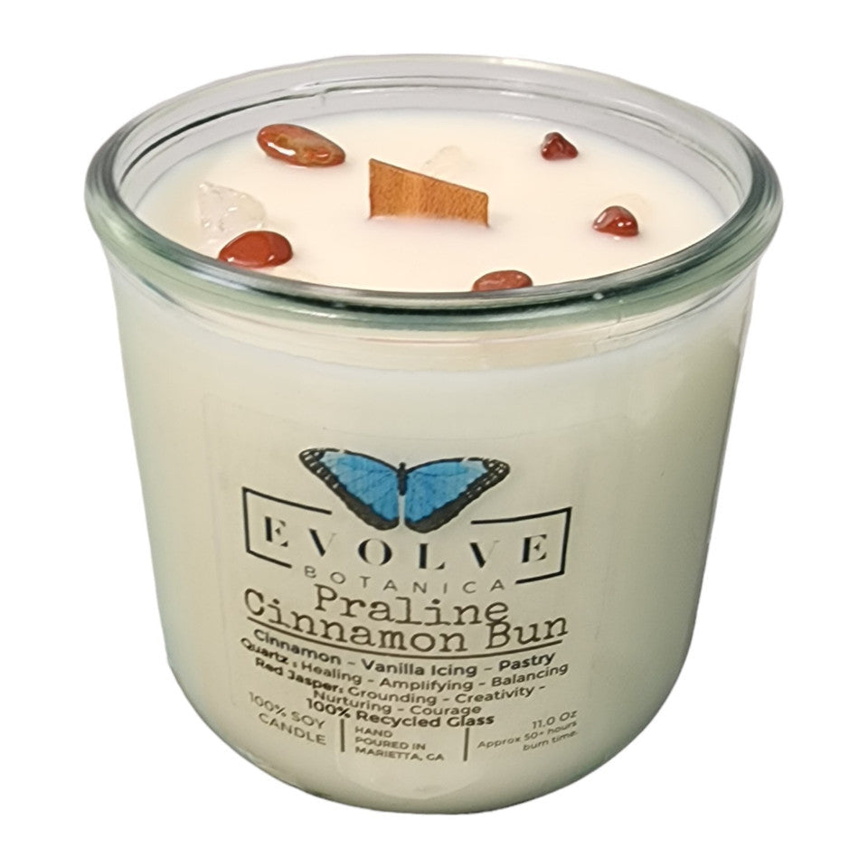 Evolve Botanica Rocks Candle - Rocks Candle - Praline Cinnamon Bun (Wood Wick Red Jasper & Clear Quartz Gemstone Soy Candle)
