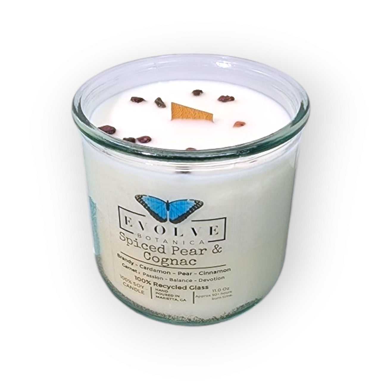 Evolve Botanica Rocks Candle - Spiced Pear & Cognac (Wood Wick Garnet Gemstone Soy Candle)
