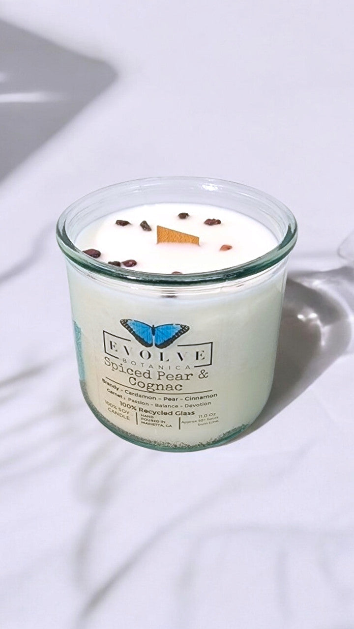 Evolve Botanica Rocks Candle - Spiced Pear & Cognac (Wood Wick Garnet Gemstone Soy Candle)