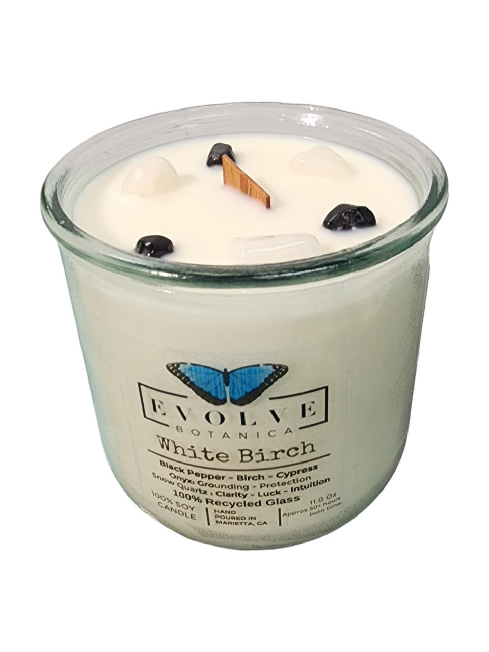 Evolve Botanica Rocks Candle - White Birch (Wood Wick Snow Quartz & Onyx Gemstone Soy Candle)