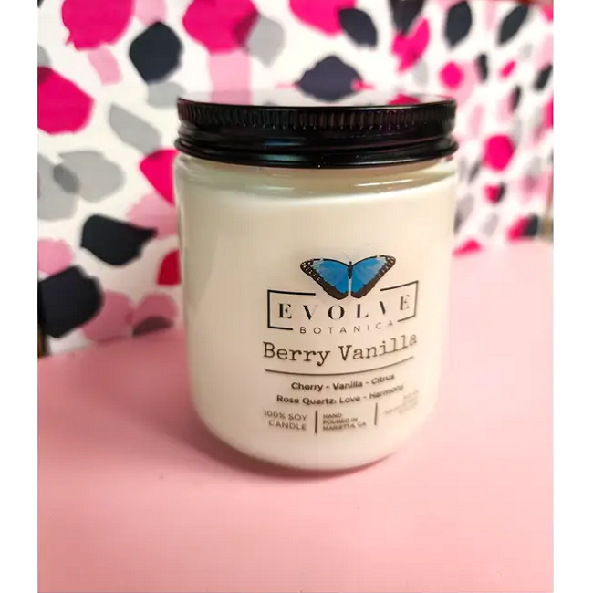 Classic 9oz Jam Jar Crystal Soy Candle - Berry Vanilla (Rose Quartz) Evolve Botanica