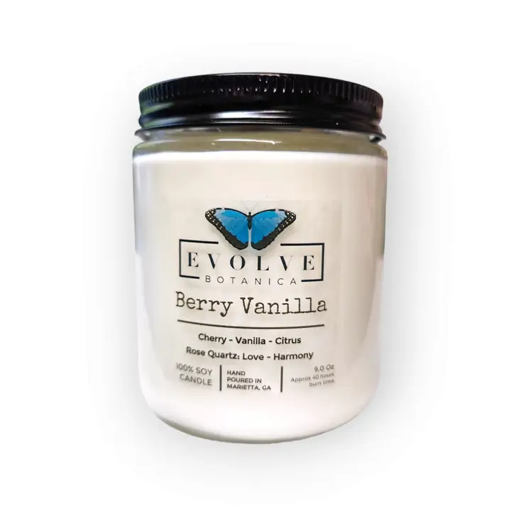 Classic 9oz Jam Jar Crystal Soy Candle - Berry Vanilla (Rose Quartz) Evolve Botanica