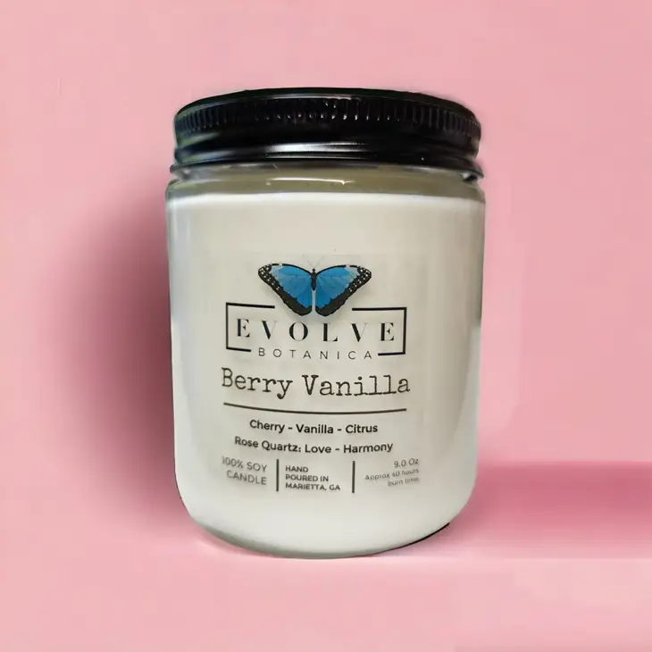 Classic 9oz Jam Jar Crystal Soy Candle - Berry Vanilla (Rose Quartz) Evolve Botanica