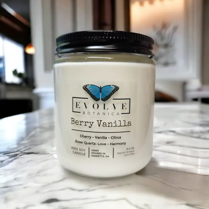 Classic 9oz Jam Jar Crystal Soy Candle - Berry Vanilla (Rose Quartz) Evolve Botanica