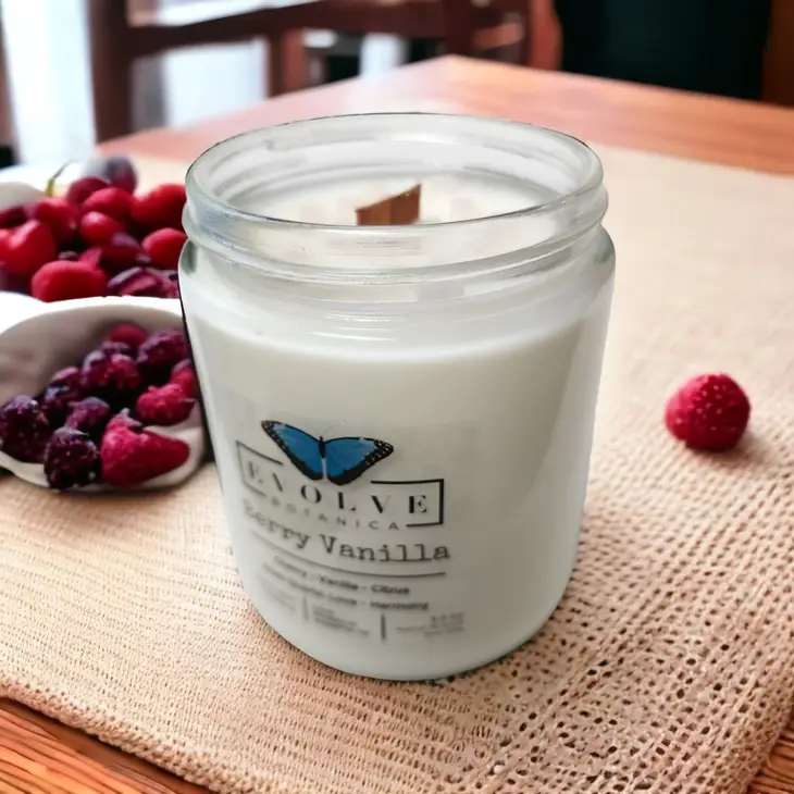 Classic 9oz Jam Jar Crystal Soy Candle - Berry Vanilla (Rose Quartz) Evolve Botanica