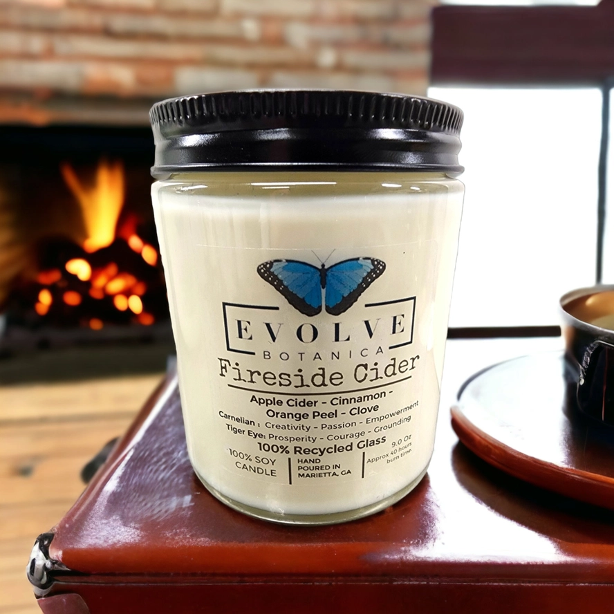 Evolve Botanica Classic 9oz Jam Jar Crystal Soy Candle - Fireside Cider (Carnelian & Tigers Eye)