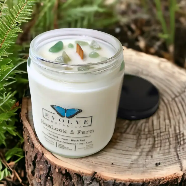 Classic 9oz Jam Jar Crystal Soy Candle - Hemlock & Fern (Aventurine) Evolve Botanica