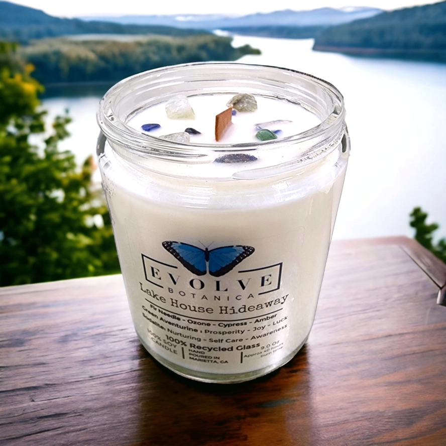Evolve Botanica Classic 9oz Jam Jar Crystal Soy Candle - Lake House Hideaway (Aventurine)