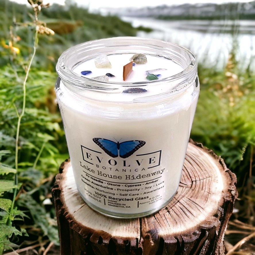 Evolve Botanica Classic 9oz Jam Jar Crystal Soy Candle - Lake House Hideaway (Aventurine)