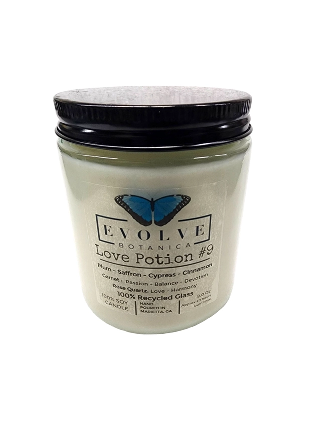 Evolve Botanica Classic 9oz Jam Jar Crystal Soy Candle  - Love Potion #9 (Rose Quartz & Garnet)