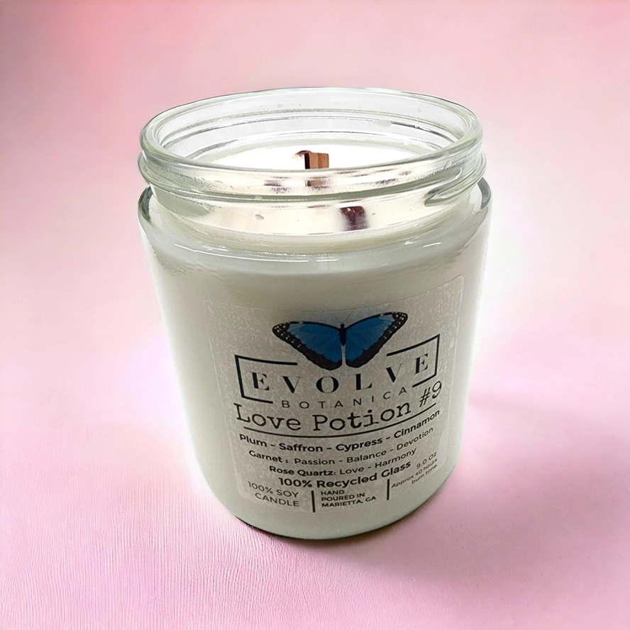 Evolve Botanica Classic 9oz Jam Jar Crystal Soy Candle  - Love Potion #9 (Rose Quartz & Garnet)