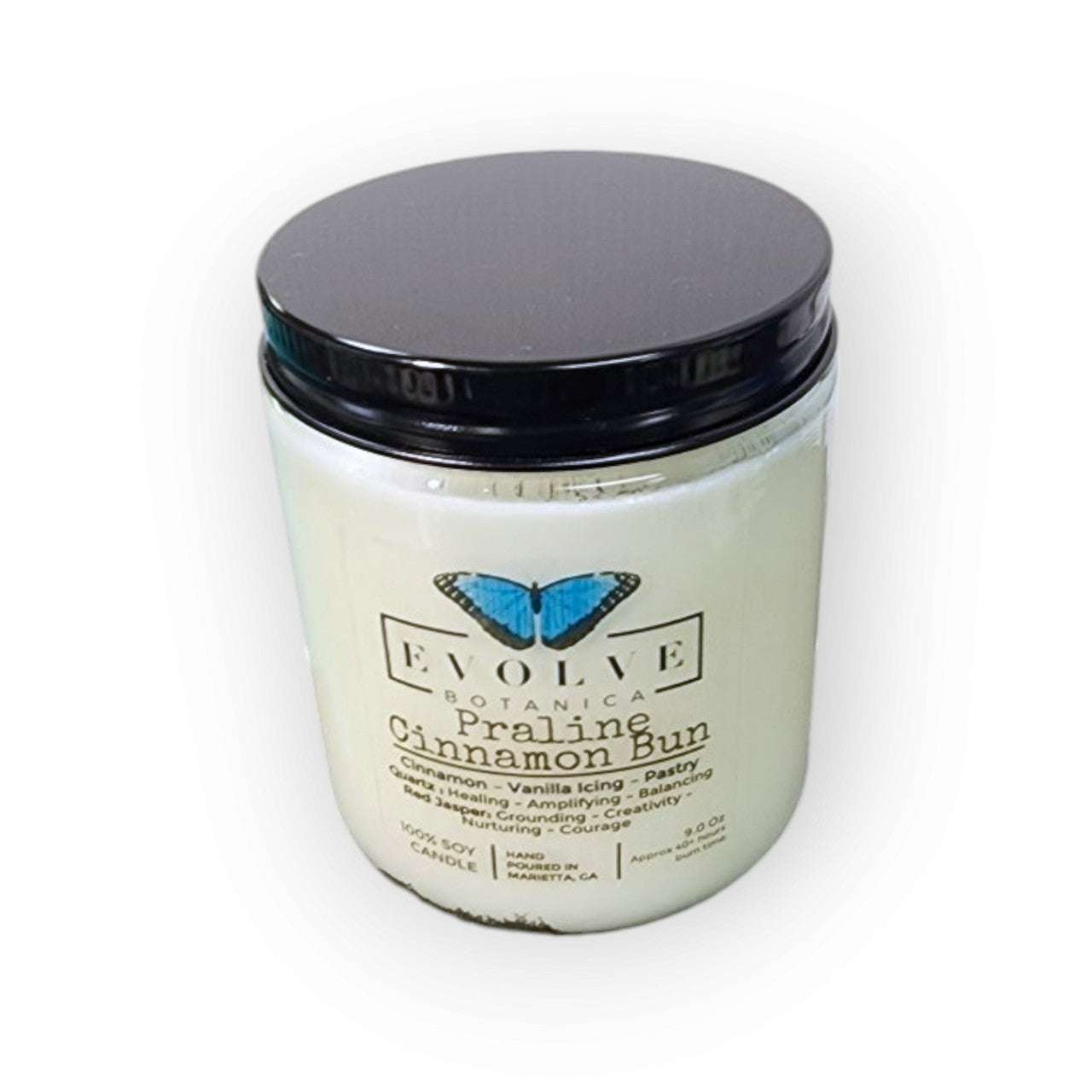 Evolve Botanica Classic 9oz Jam Jar Crystal Soy Candle - Praline Cinnamon Bun (Red Jasper & Clear Quartz)