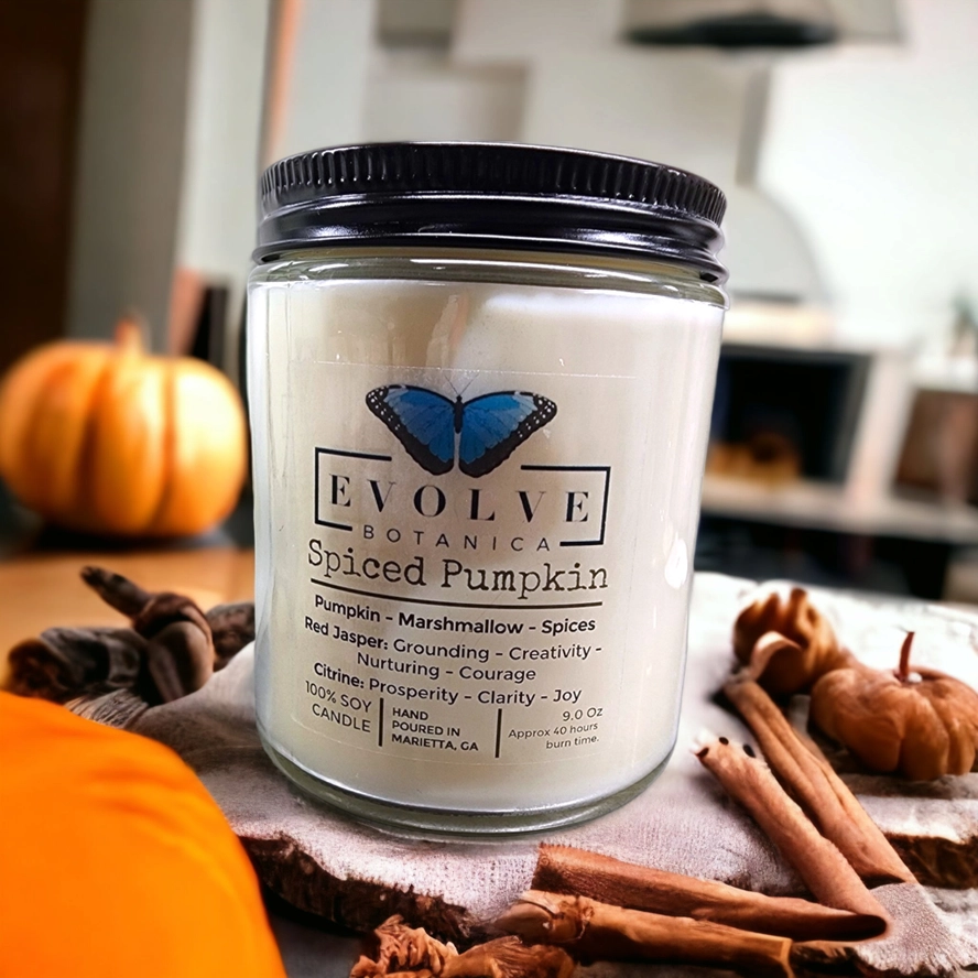 Evolve Botanica Classic 9oz Jam Jar Crystal Soy Candle - Spiced Pumpkin (Jasper & Citrine)