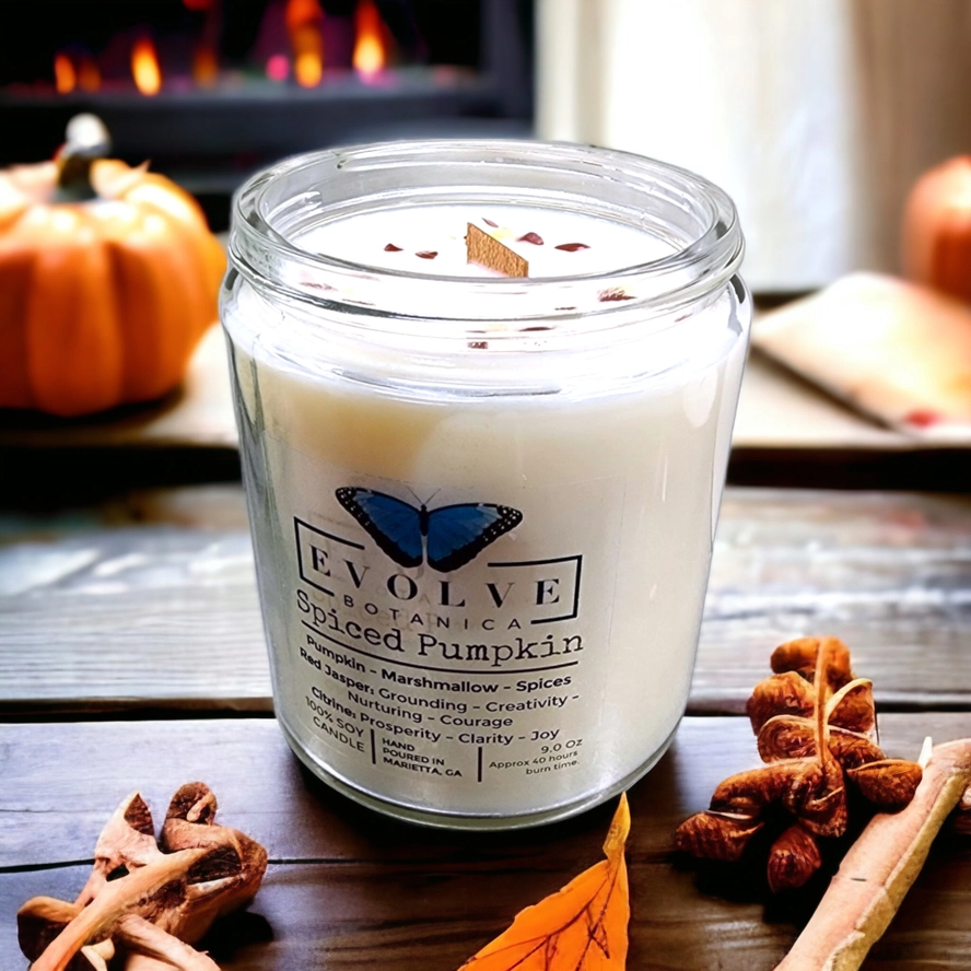 Evolve Botanica Classic 9oz Jam Jar Crystal Soy Candle - Spiced Pumpkin (Jasper & Citrine)