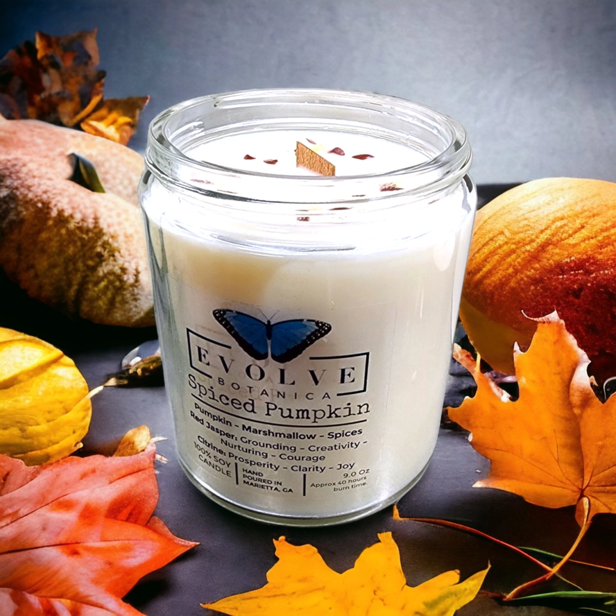 Evolve Botanica Classic 9oz Jam Jar Crystal Soy Candle - Spiced Pumpkin (Jasper & Citrine)