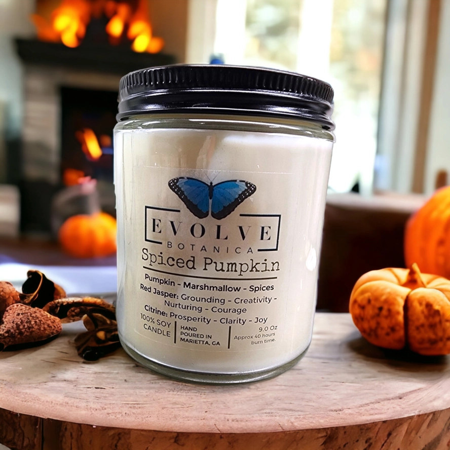 Evolve Botanica Classic 9oz Jam Jar Crystal Soy Candle - Spiced Pumpkin (Jasper & Citrine)