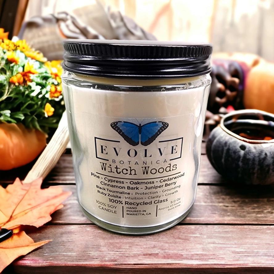 Evolve Botanica Classic 9oz Jam Jar Crystal Soy Candle - Witch Woods (Tourmaline & Zoisite)