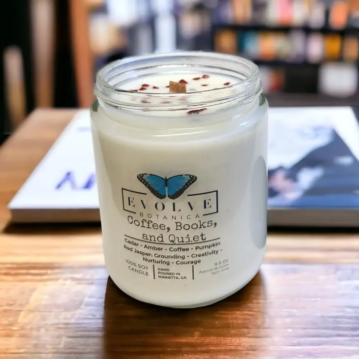 Classic 9oz Jam Jar Crystal Soy Candle - Coffee, Books, & Quiet (Jasper) Evolve Botanica