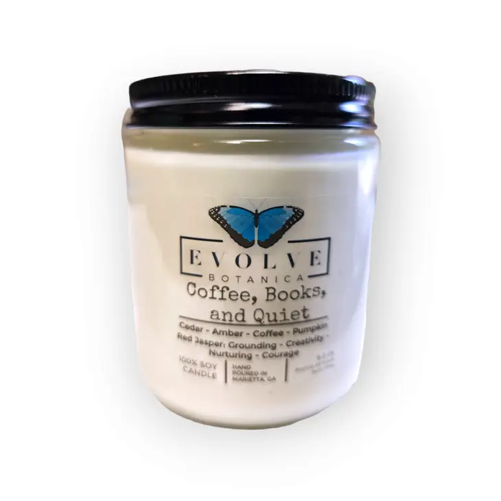 Classic 9oz Jam Jar Crystal Soy Candle - Coffee, Books, & Quiet (Jasper) Evolve Botanica
