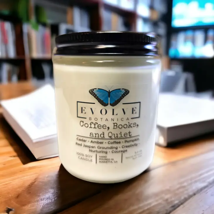 Classic 9oz Jam Jar Crystal Soy Candle - Coffee, Books, & Quiet (Jasper) Evolve Botanica