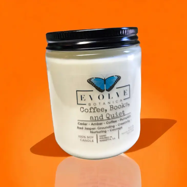 Classic 9oz Jam Jar Crystal Soy Candle - Coffee, Books, & Quiet (Jasper) Evolve Botanica