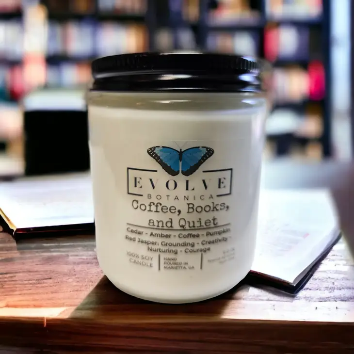 Classic 9oz Jam Jar Crystal Soy Candle - Coffee, Books, & Quiet (Jasper) Evolve Botanica
