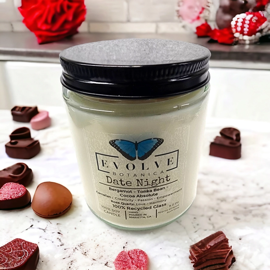 Evolve Botanica Classic 9oz Jam Jar Crystal Soy Candle - Date Night (Rose Quartz & Carnelian)