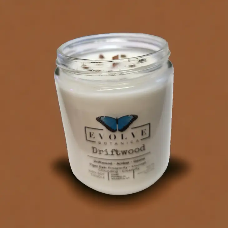 Classic 9oz Jam Jar Crystal Soy Candle - Driftwood (Tiger Eye) Evolve Botanica