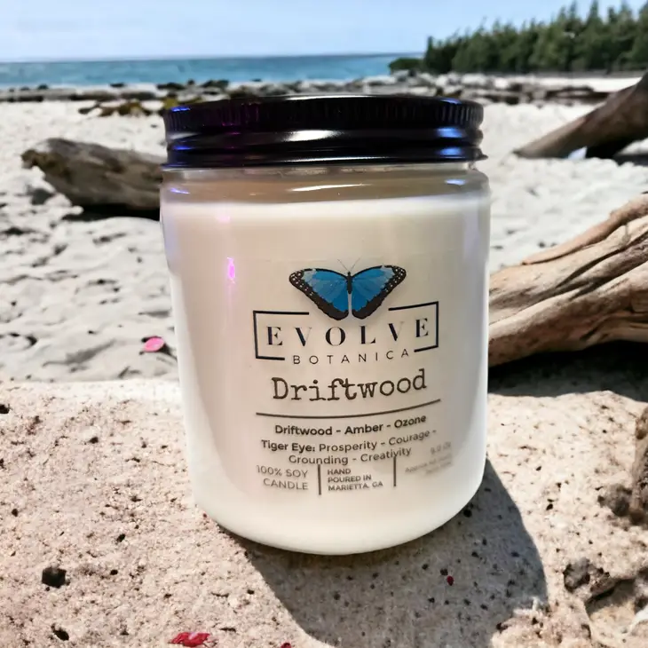 Classic 9oz Jam Jar Crystal Soy Candle - Driftwood (Tiger Eye) Evolve Botanica