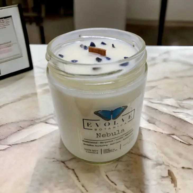 Classic 9oz Jam Jar Crystal Soy Candle - Nebula (Sodalite) Evolve Botanica