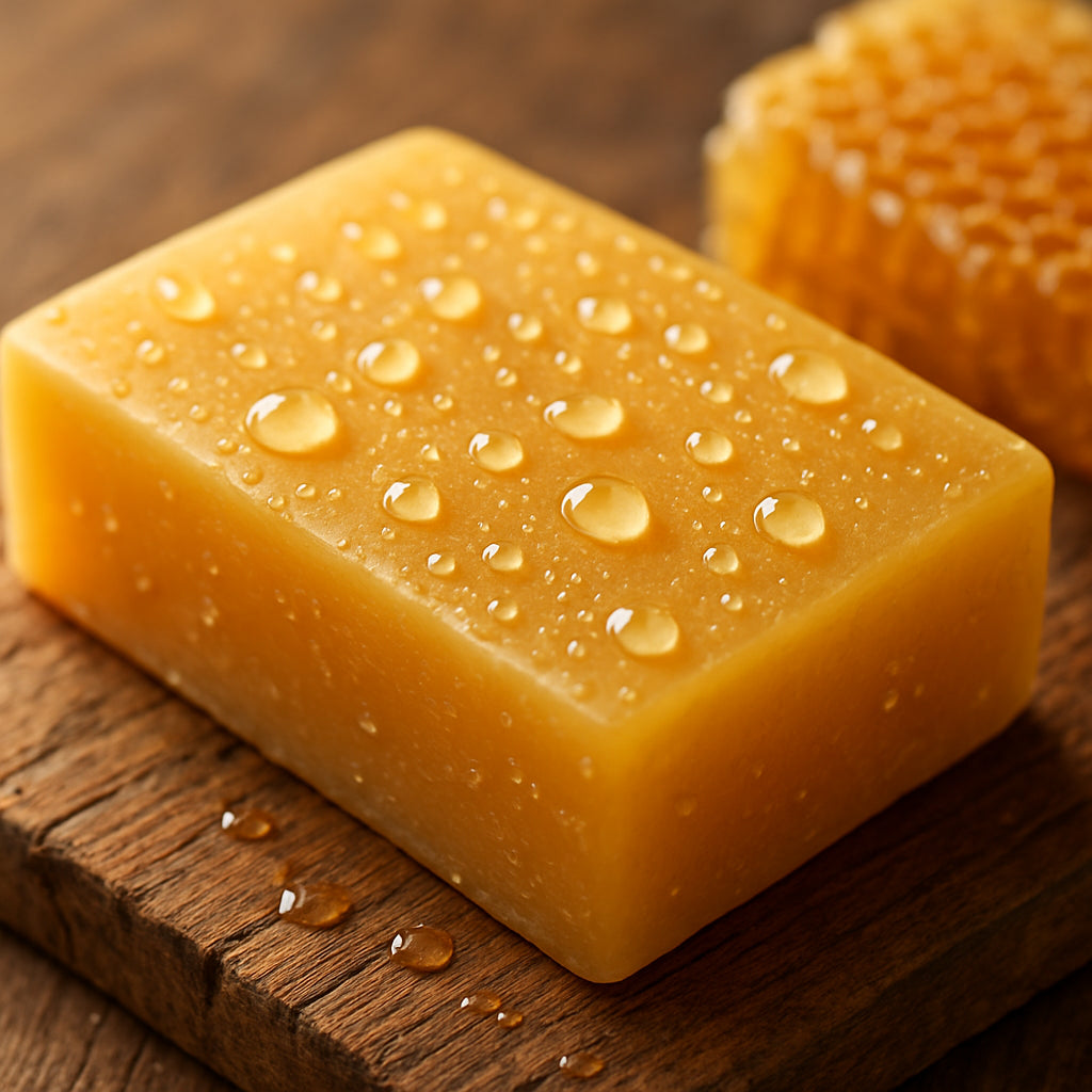 A close‑up of a handcrafted honey‑infused soap bar on a rustic wooden board, with droplets of water glistening on the surface. Alt: honey soap moisturizing power illustration
