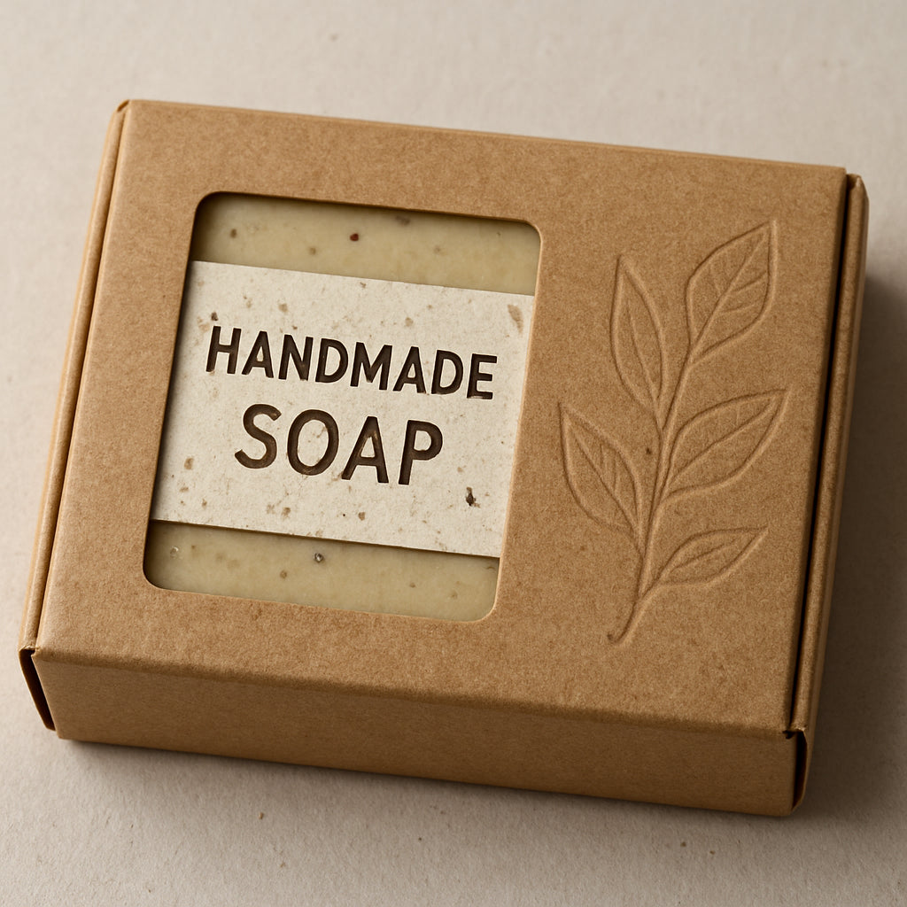 A kraft paper box holding a bar of soap, with a seed‑embedded label and a subtle embossing of a leaf pattern. Alt: Recyclable paper box for eco friendly soap packaging