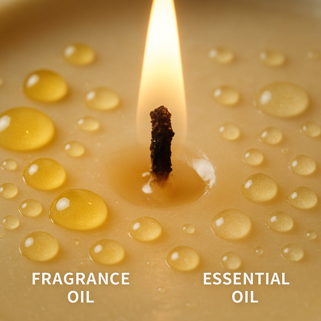A close‑up of a candle wick surrounded by natural fragrance oil droplets, highlighting the difference between essential and synthetic oils. Alt: fragrance oils vs essential oils in candle making