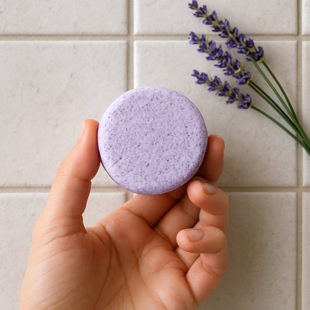 A close‑up of a hand holding a lavender‑scented shower steamer on a tiled shower wall. Alt: "lavender shower steamer ingredients and safety for pregnancy"